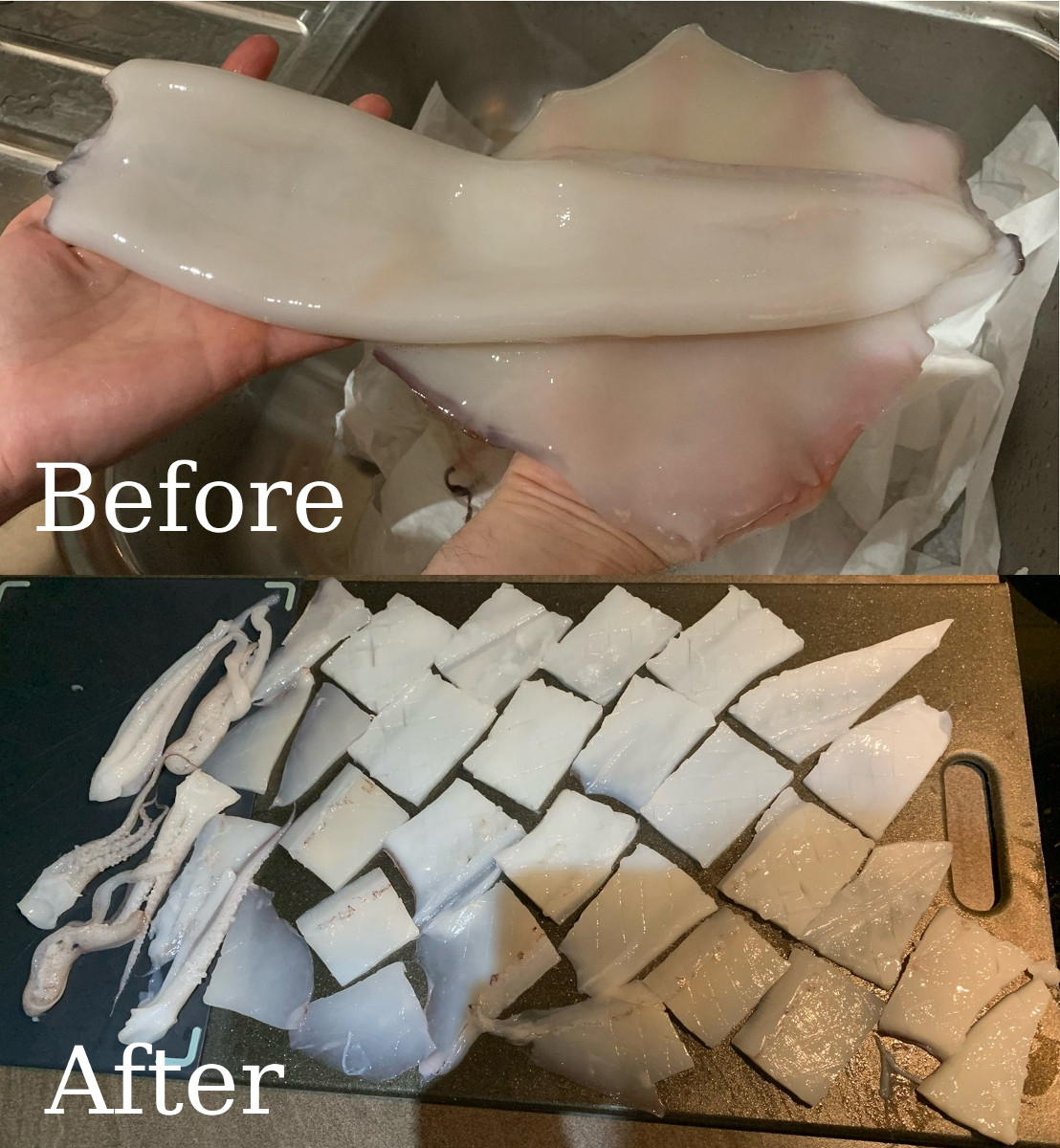 a tasty, monochromatic chess board squid prep